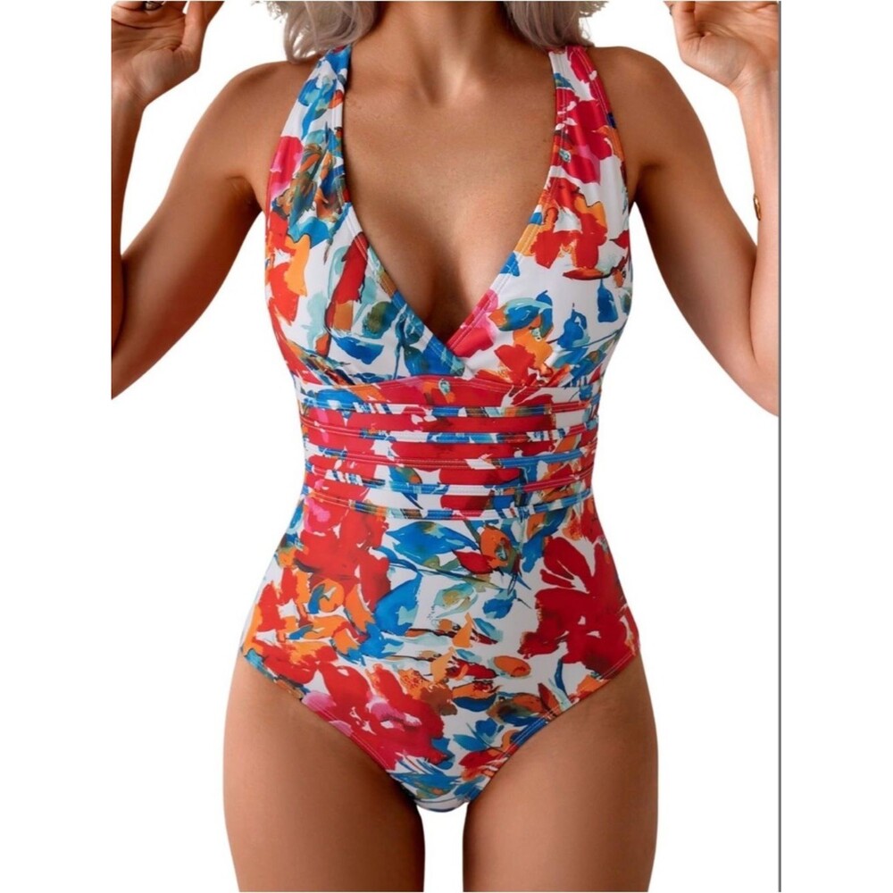 Eomenie One Piece Swimsuit Tummy Control V Neck Cross Back Red Floral L NWT